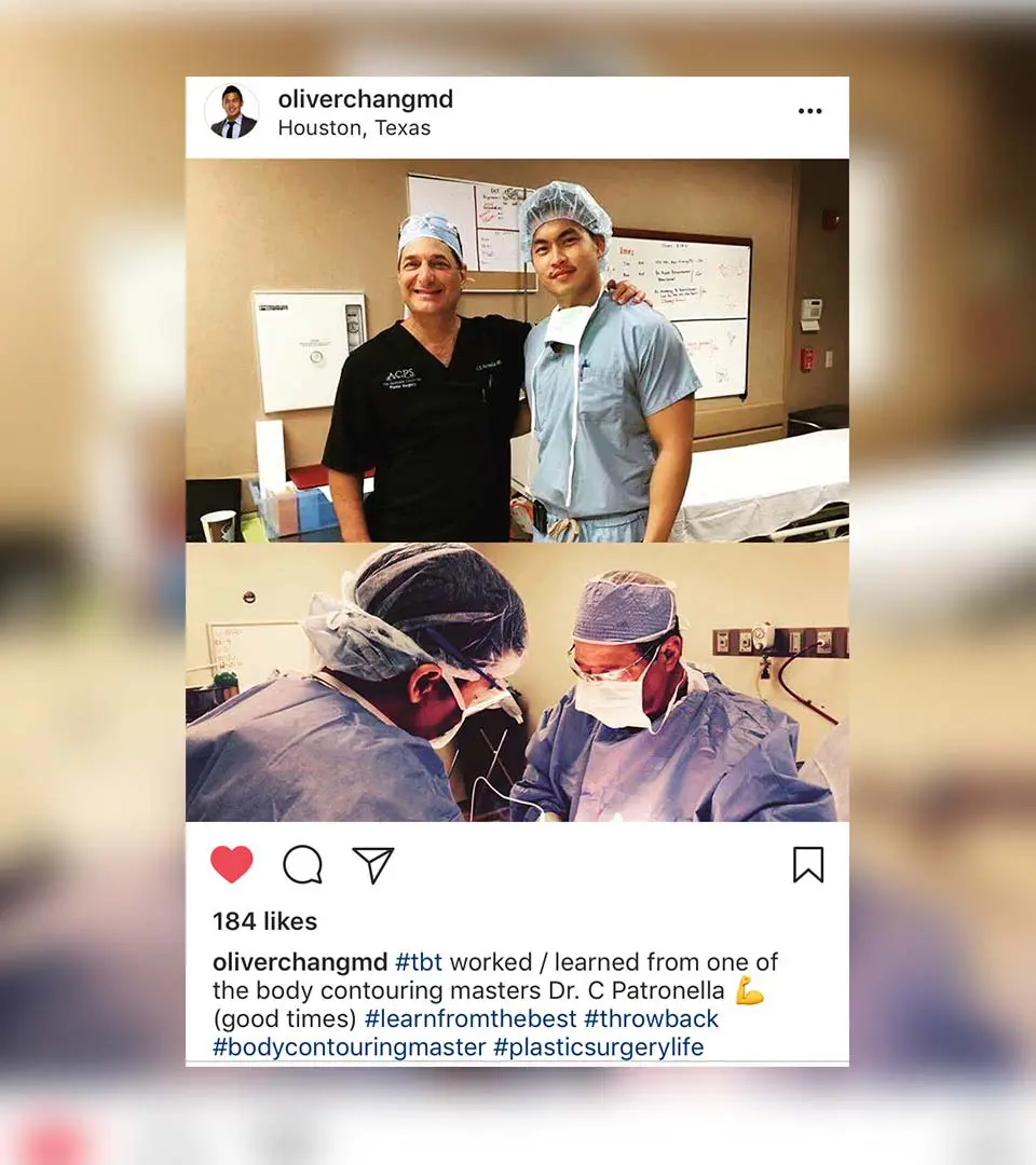 Social post: behind the scenes. Dr. Oliver Chang worked / larned from one of the body contouring masters Dr. Christopher Patronella